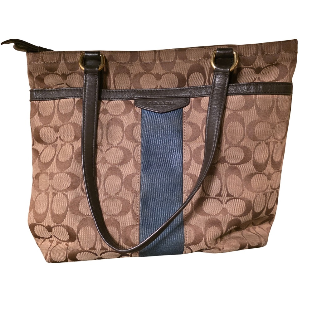 Coach Signature Jacquard Tote Bag Brown Monogram Blue Stripe Leather Trim F15112